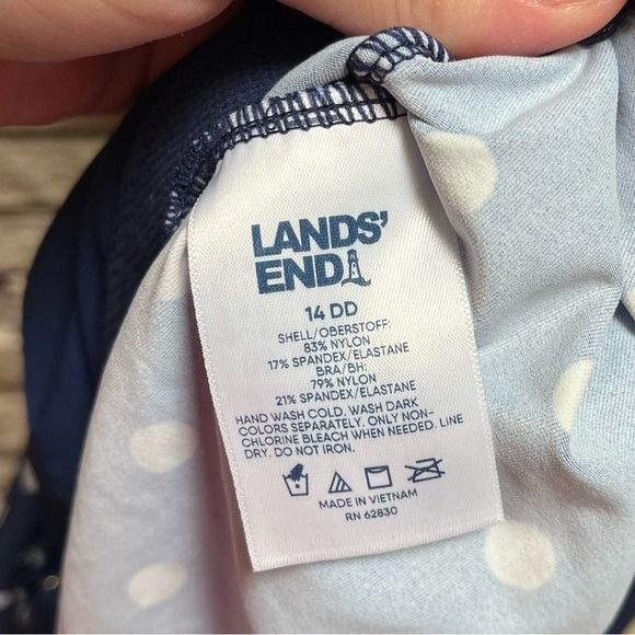 Land's End Chlorine Resistant Blouson Tankini Swimsuit Blue Polka Dot upf50 14DD - Picture 5 of 8